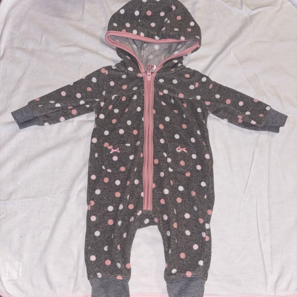 Carter's Gray Hooded Polka Dot Footed One-Piece with Pink Trim